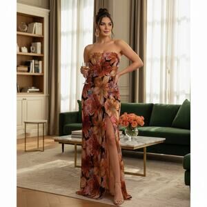 Dress the Population Strapless Floral Gown in Rust, Pink, Black